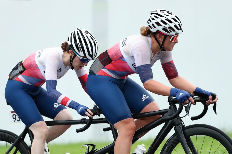 Sophie Unwin and pilot Jenny Holl during the Women's B Road Race at the Tokyo 2020 Paralympics