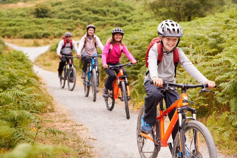 Family cycling along a country road