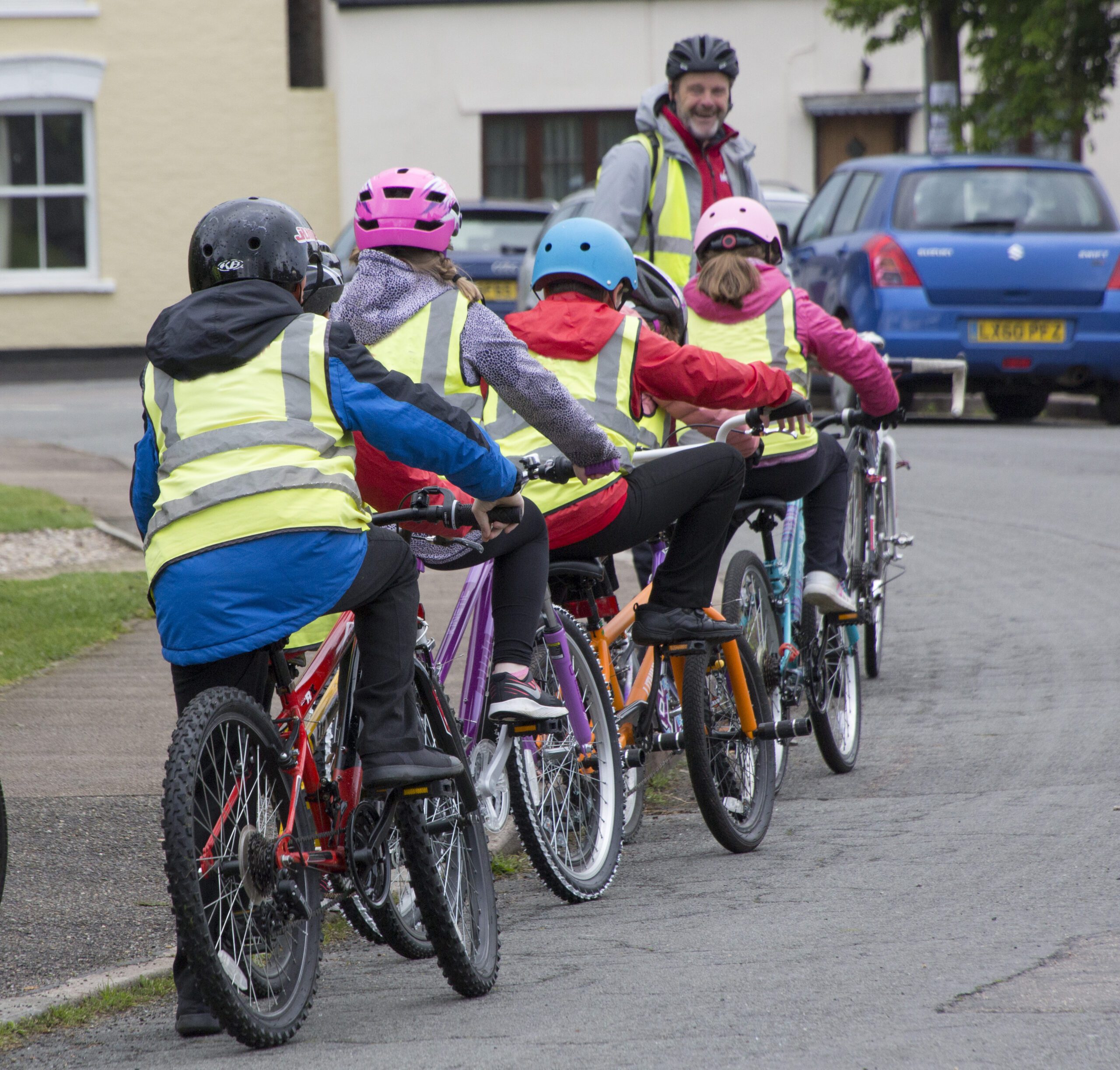 Bikeability trainees lined up about to set off