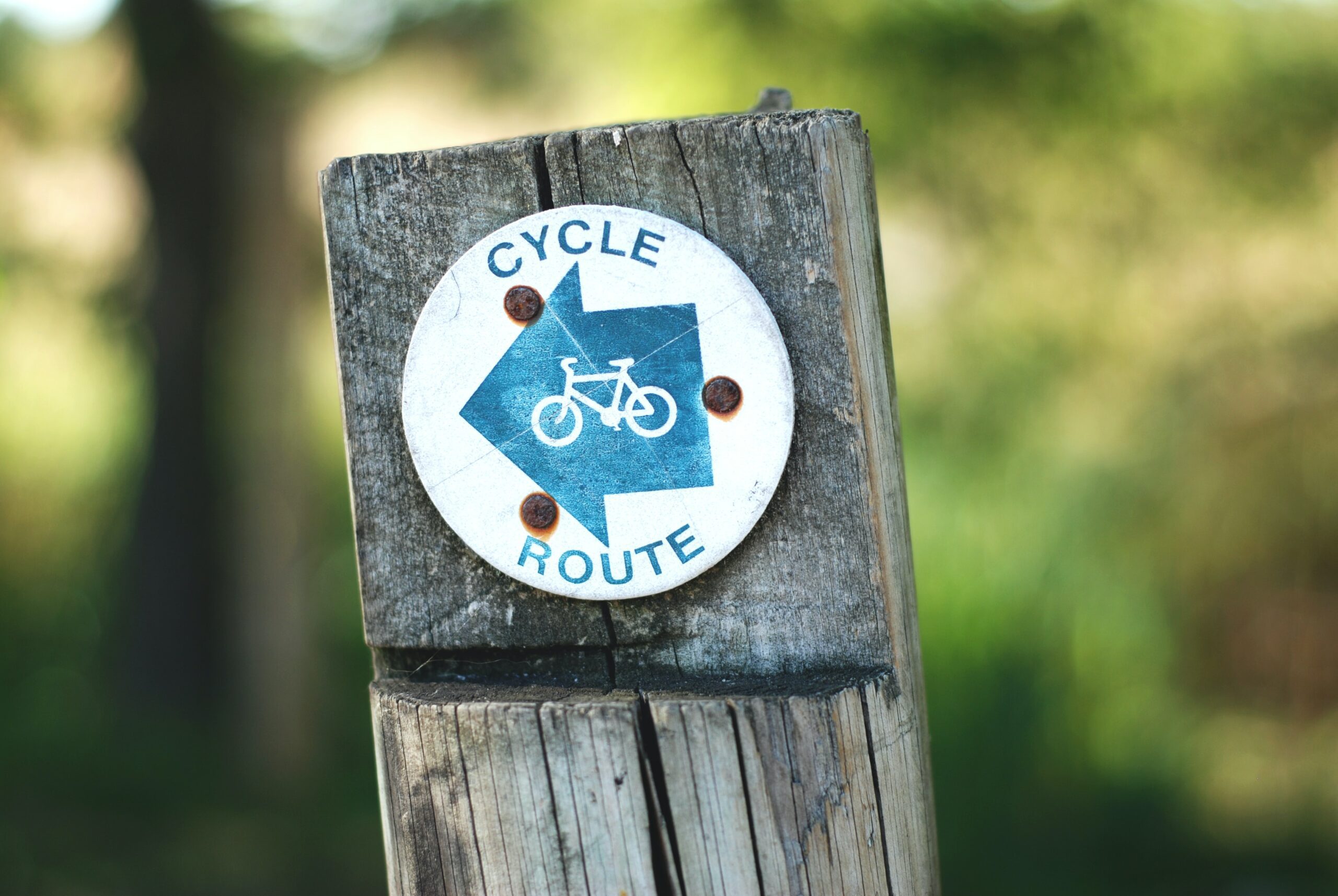 A cycle route sign against a leafy background