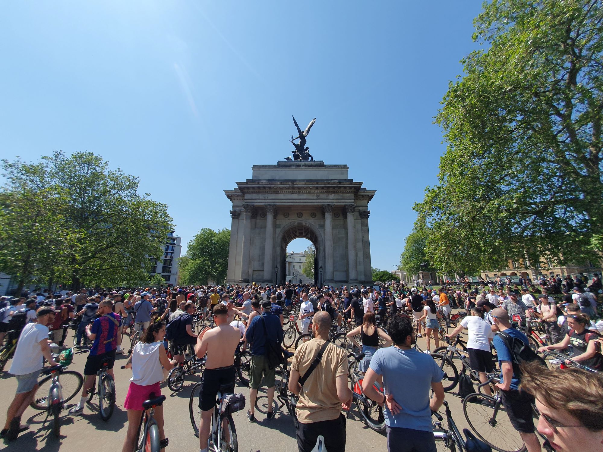 A mass cycle ride in London with lots of people and their cycles