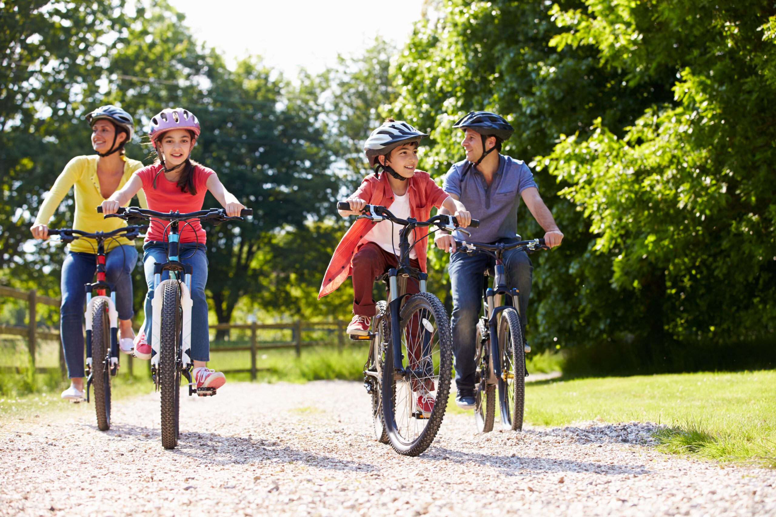 A family cycling together
